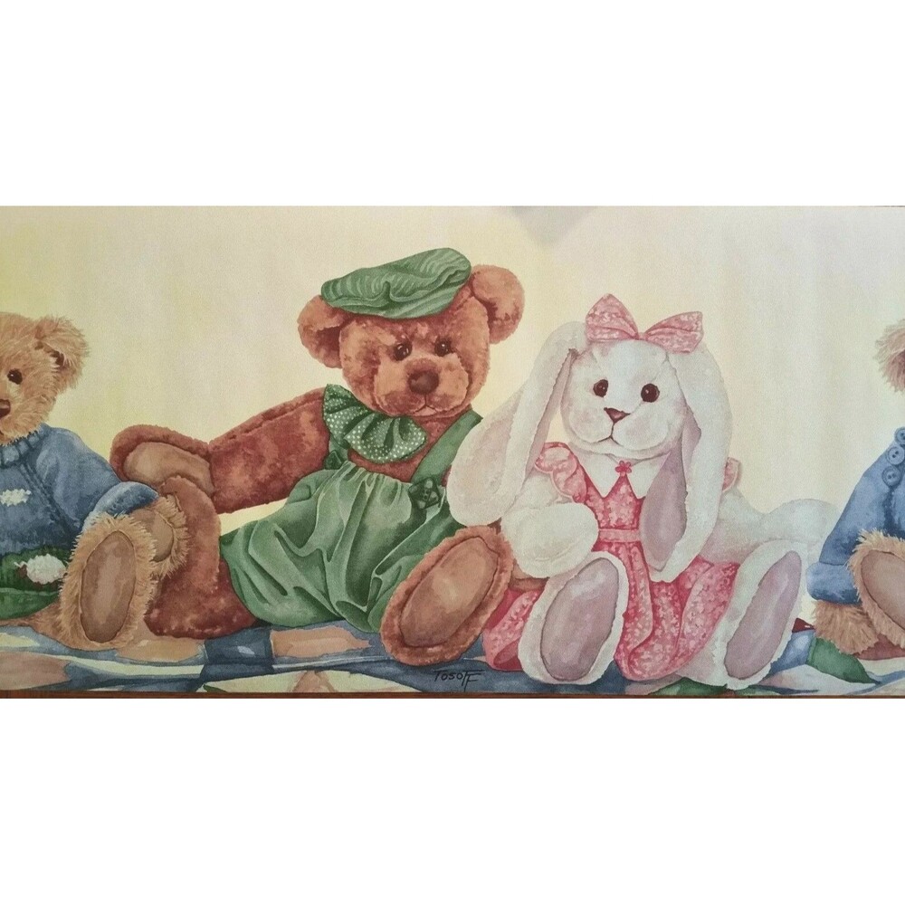 VTG 80's 90's Wallpaper Border Baby Child's Room Bear Bunny Toys Stuffed Animal